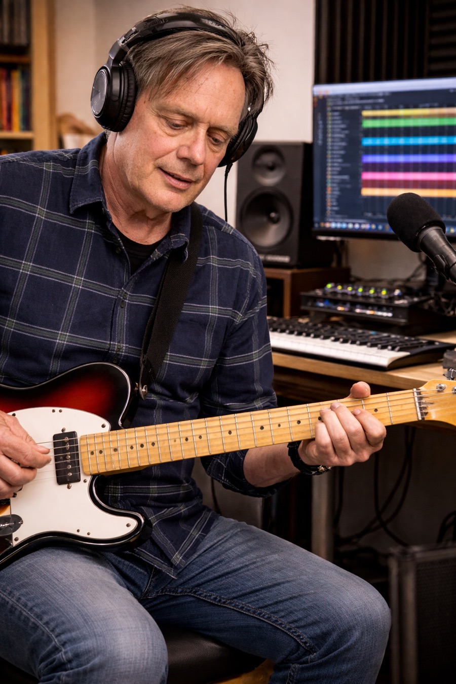 Richard Bradley playing electric guitar in his recording studio